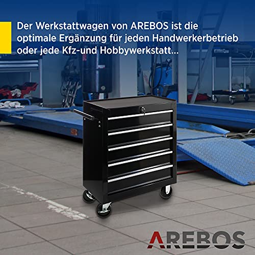 Arebos Werkstattwagen 5 Fächer/zentral abschließbar/Anti-Rutschbeschichtung/Räder mit Feststellbremse/Massives Metall/rot, blau oder schwarz (schwarz) - 2