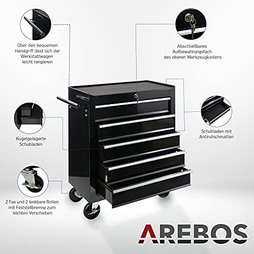 Arebos Werkstattwagen 5 Fächer/zentral abschließbar/Anti-Rutschbeschichtung/Räder mit Feststellbremse/Massives Metall/rot, blau oder schwarz (schwarz) - 4