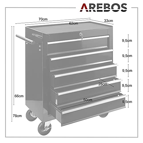 Arebos Werkstattwagen 5 Fächer/zentral abschließbar/Anti-Rutschbeschichtung/Räder mit Feststellbremse/Massives Metall/rot, blau oder schwarz (schwarz) - 6