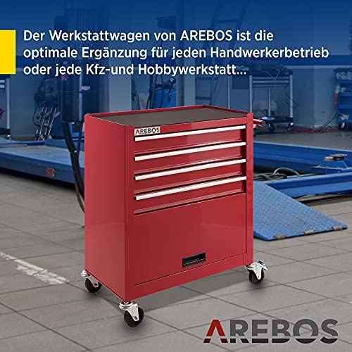 Arebos Werkstattwagen 4 Fächer + großes Fach/mit Antirutschmatten / 2 Rollen mit Feststellbremse (Rot) - 3