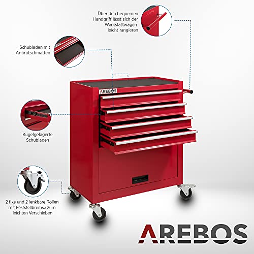 Arebos Werkstattwagen 4 Fächer + großes Fach/mit Antirutschmatten / 2 Rollen mit Feststellbremse (Rot) - 7