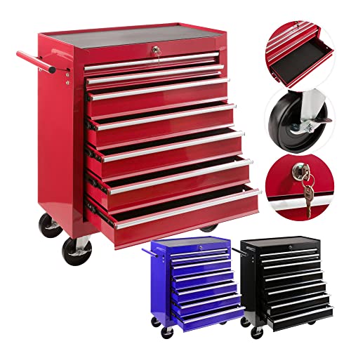 Arebos Werkstattwagen 7 Fächer/zentral abschließbar/Anti-Rutschbeschichtung/Räder mit Feststellbremse/Massives Metall/rot, blau oder schwarz (Rot)