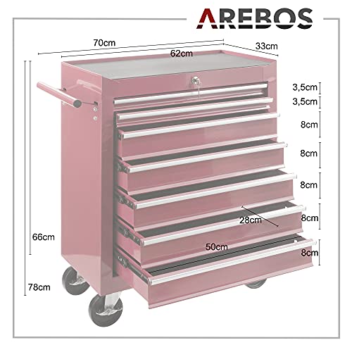 Arebos Werkstattwagen 7 Fächer/zentral abschließbar/Anti-Rutschbeschichtung/Räder mit Feststellbremse/Massives Metall/rot, blau oder schwarz (Rot) - 3