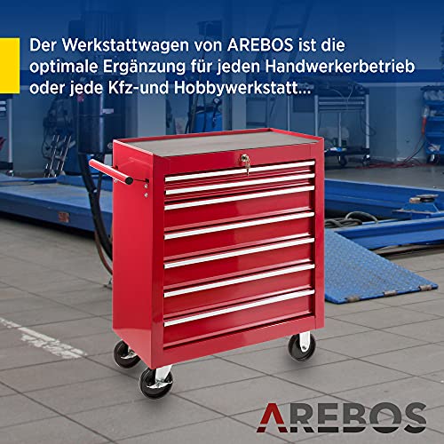 Arebos Werkstattwagen 7 Fächer/zentral abschließbar/Anti-Rutschbeschichtung/Räder mit Feststellbremse/Massives Metall/rot, blau oder schwarz (Rot) - 4