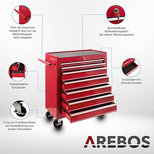 Arebos Werkstattwagen 7 Fächer/zentral abschließbar/Anti-Rutschbeschichtung/Räder mit Feststellbremse/Massives Metall/rot, blau oder schwarz (Rot) - 6