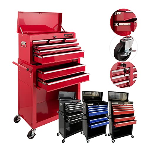 Arebos Werkstattwagen 9 Fächer/zentral abschließbar/Anti-Rutschbeschichtung/Räder mit Feststellbremse/Massives Metall/rot oder schwarz (Rot)