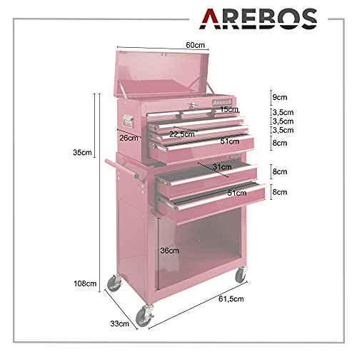 Arebos Werkstattwagen 9 Fächer/zentral abschließbar/Anti-Rutschbeschichtung/Räder mit Feststellbremse/Massives Metall/rot oder schwarz (Rot) - 3