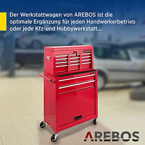 Arebos Werkstattwagen 9 Fächer/zentral abschließbar/Anti-Rutschbeschichtung/Räder mit Feststellbremse/Massives Metall/rot oder schwarz (Rot) - 5