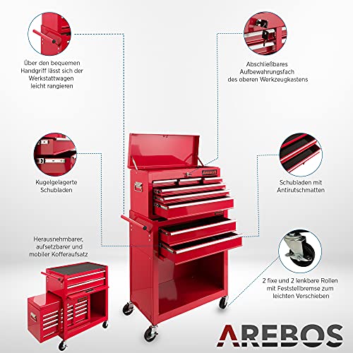 Arebos Werkstattwagen 9 Fächer/zentral abschließbar/Anti-Rutschbeschichtung/Räder mit Feststellbremse/Massives Metall/rot oder schwarz (Rot) - 6