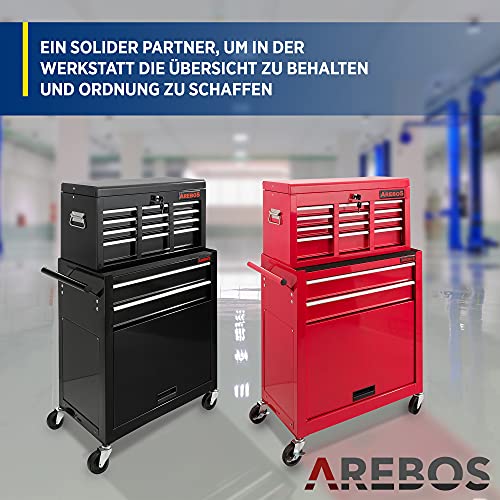 Arebos Werkstattwagen 9 Fächer/zentral abschließbar/Anti-Rutschbeschichtung/Räder mit Feststellbremse/Massives Metall/rot oder schwarz (Rot) - 8