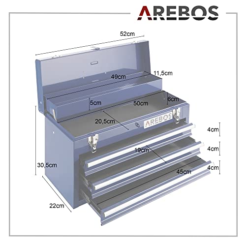 Arebos Werkzeugkoffer mit 3 Schubladen & 2 Ablagefächern | inkl. Tragegriff & Schnappverschlüssen | Einrastfunktion | Antirutschmatten | Blau - 2