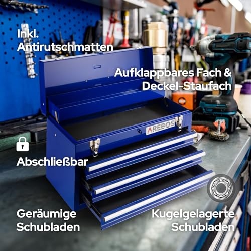 Arebos Werkzeugkoffer mit 3 Schubladen & 2 Ablagefächern | inkl. Tragegriff & Schnappverschlüssen | Einrastfunktion | Antirutschmatten | Blau - 3