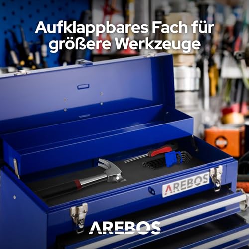 Arebos Werkzeugkoffer mit 3 Schubladen & 2 Ablagefächern | inkl. Tragegriff & Schnappverschlüssen | Einrastfunktion | Antirutschmatten | Blau - 5