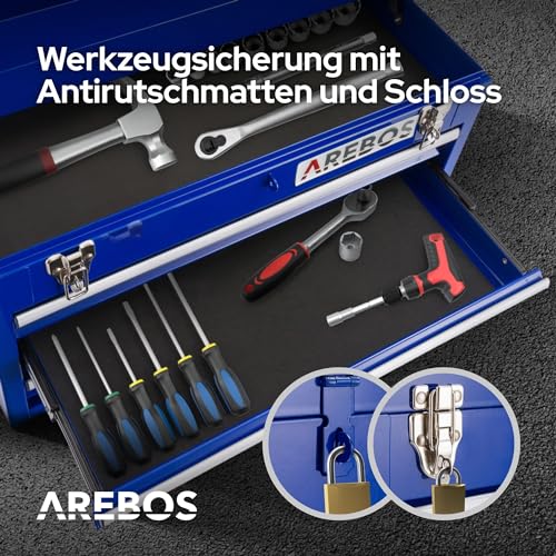 Arebos Werkzeugkoffer mit 3 Schubladen & 2 Ablagefächern | inkl. Tragegriff & Schnappverschlüssen | Einrastfunktion | Antirutschmatten | Blau - 7