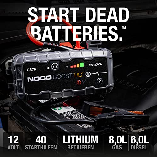 NOCO Boost HD GB70 2000A 12V UltraSafe Starthilfe Powerbank, Tragbare Auto Batterie Booster, Starthilfekabel und Überbrückungskabel für bis zu 8-Liter-Benzin- und 6-Liter-Dieselmotoren - 2