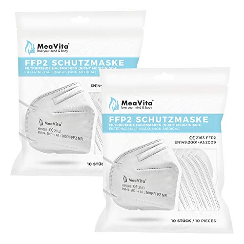 MeaVita FFP2 Maske, EU CE Zertifizierte Mund- und Nasenschutz nach EN149:2001+A1:2009, Atemschutz hohe Filtration, Partikelfiltermaske, Gummizug (20er)