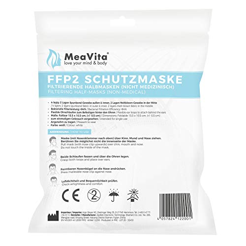 MeaVita FFP2 Maske, EU CE Zertifizierte Mund- und Nasenschutz nach EN149:2001+A1:2009, Atemschutz hohe Filtration, Partikelfiltermaske, Gummizug (20er) - 2