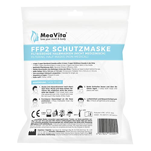 MeaVita FFP2 Maske, EU CE Zertifizierte Mund- und Nasenschutz nach EN149:2001+A1:2009, Atemschutz hohe Filtration, Partikelfiltermaske, Gummizug (10er) - 3