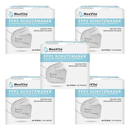 MeaVita FFP2 Maske, EU CE Zertifizierte Mund- und Nasenschutz nach EN149:2001+A1:2009, Atemschutz hohe Filtration, Partikelfiltermaske, Gummizug (200er)