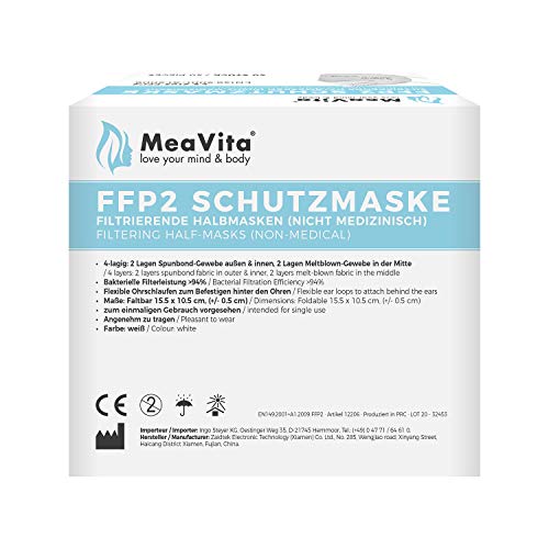 MeaVita FFP2 Maske, EU CE Zertifizierte Mund- und Nasenschutz nach EN149:2001+A1:2009, Atemschutz hohe Filtration, Partikelfiltermaske, Gummizug (200er) - 3