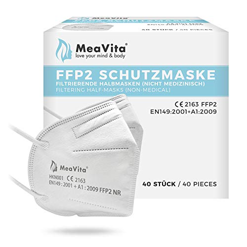 MeaVita FFP2 Maske, EU CE Zertifizierte Mund- und Nasenschutz nach EN149:2001+A1:2009, Atemschutz hohe Filtration, Partikelfiltermaske, Gummizug (40er)