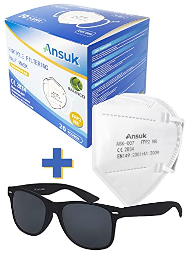 Set mit Ansuk 100 Stück FFP2 Atemschutzmasken | Schutzmaske | Mundschutzmaske 5-lagig EU CE Zertifiziert von offizieller Stelle CE2834 - EN 149:2001+A1:2009 + 1x Original Balinco Nerd Sonnenbrille