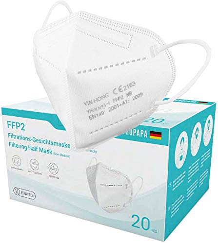 20x einzeln verpackte FFP2 Mundschutz, CE Zertifiziert nach EN149: 2001 + A1: 2009, Faltbare Halbmasken mit Nasenbügel und weichen elastischen Ohrschlaufen